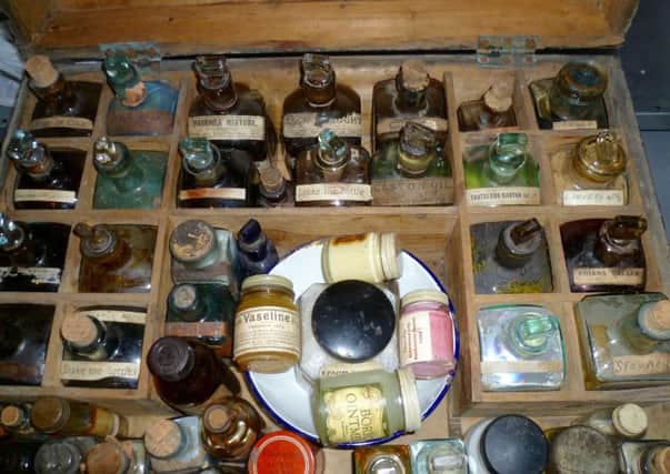 Contents of the medicine chest on display at Scarborough Maritme Heritage Centre.