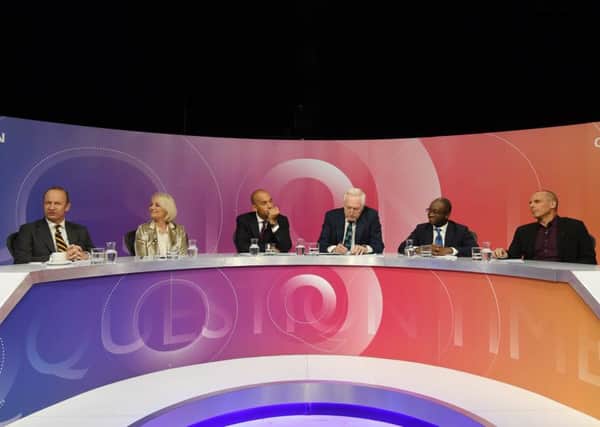 David Dimbleby and the Question Time panel at Scarboroughs Spa Grand Hall.