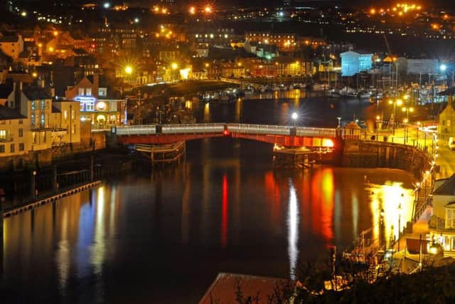 Whitby harbour at night.