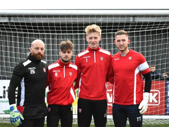 From left, Boro keeper coach Tom Morgan with Tom Cammish, George Hughes and first-team stopper Tommy Taylor
