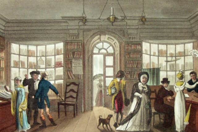 The Library, one of 21 etchings from James Greens Poetical Sketches. Its subject most probably belonged to Mr Ainsworth, known to have had the largest stock of books at that time in Scarborough.