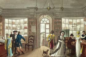 The Library, one of 21 etchings from James Greens Poetical Sketches. Its subject most probably belonged to Mr Ainsworth, known to have had the largest stock of books at that time in Scarborough.