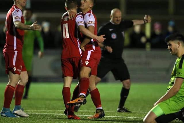 Boro celebrate scoring in their 2-1 win against Pickering Town at the Flamingo Land Stadium last night.