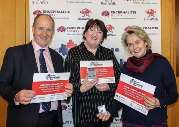 MP Kevin Hollinrake, Anne McIntosh and Dr Ava Easton at the World Encephalitis Day campaign launch.