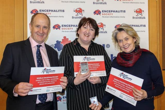 MP Kevin Hollinrake, Anne McIntosh and Dr Ava Easton at the World Encephalitis Day campaign launch.