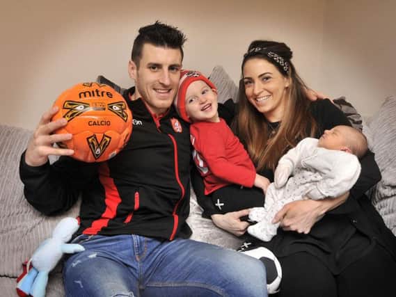 Boro striker Michael Coulson with wife Rachael, son Louie and new-born baby Frankie Louise						                   Picture by Richard Ponter