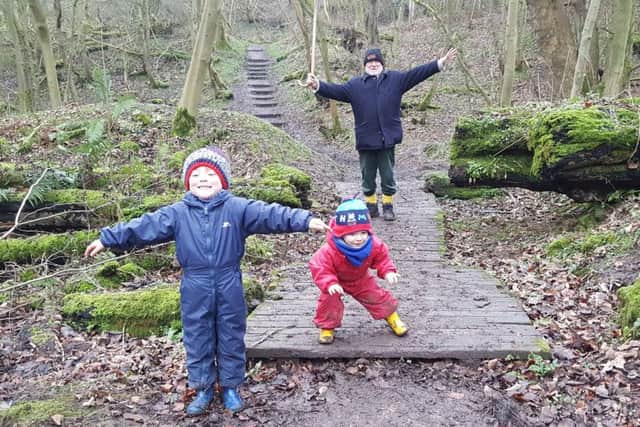 Grandad Noel with Benedict and Raphael on the path to Cayton Bay.