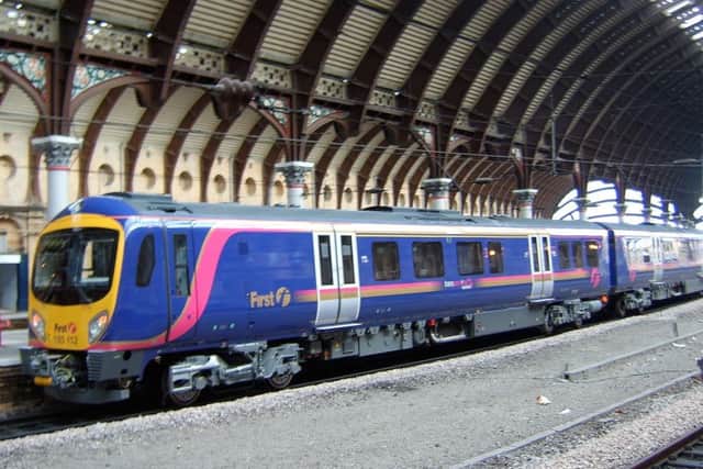 TransPennine Express train waiting at Platform five at York Station.