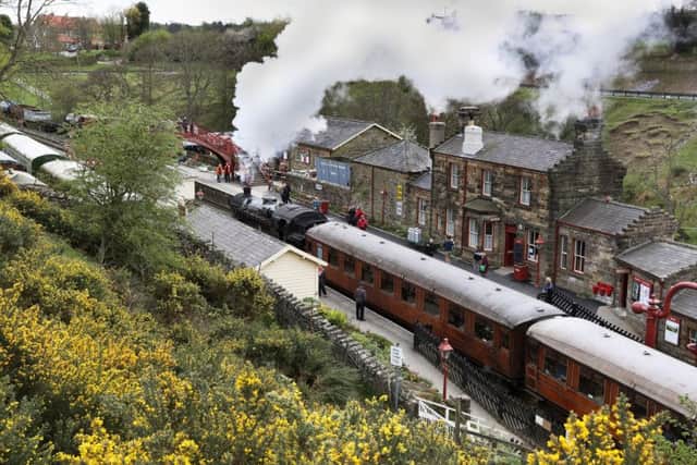 A steam train pulls into Goathland Station bound for Pickering on the North Yorkshire Moors Railway.  18 April 2017.  Picture Bruce Rollinson