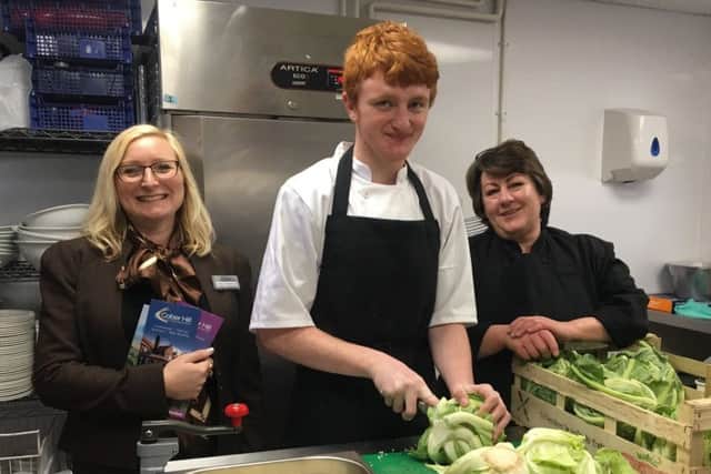A YH training course helped Drew Pasmore secure a catering work placement at Cober Hill. He is pictured with Lyndsay Chamberlain (General Manager) and Carol Winship (Head of Catering).