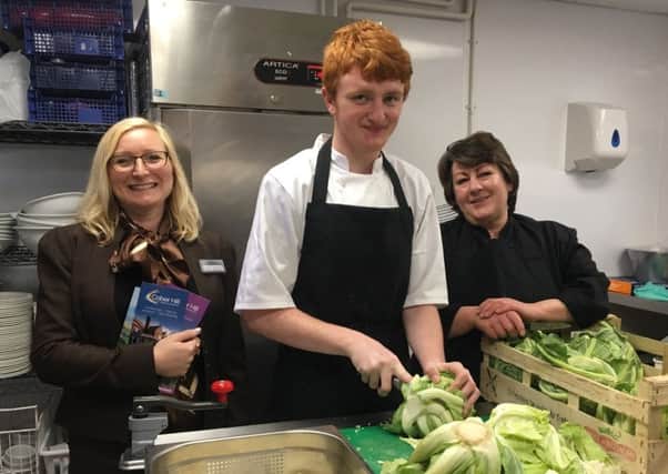 A YH training course helped Drew Pasmore secure a catering work placement at Cober Hill. He is pictured with Lyndsay Chamberlain (General Manager) and Carol Winship (Head of Catering).