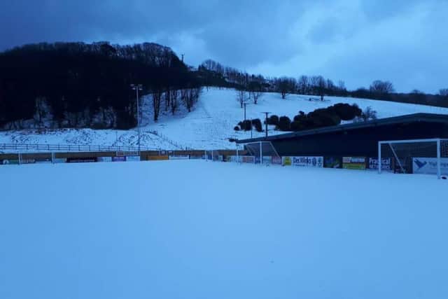 The Flamingo Land Stadium needs clearing of snow to make it fit for tomorrow's Glossop clash