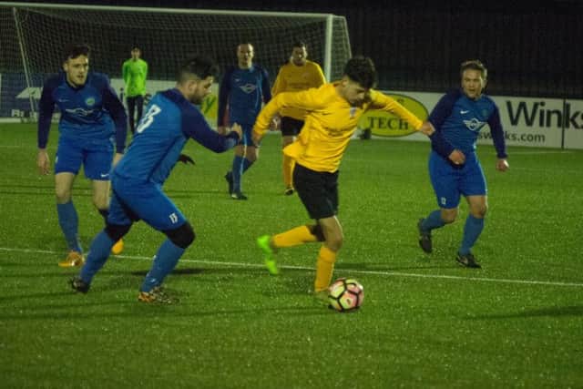 Newlands Reserves on the ball in their 6-5 defeat against Ayton Reserves at the Flamingo Land Stadium on Friday night. Pictures by Steve Lilly.
