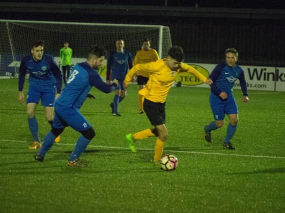 Newlands Reserves on the ball in their 6-5 defeat against Ayton Reserves at the Flamingo Land Stadium on Friday night. Pictures by Steve Lilly.