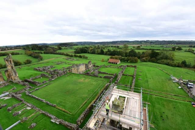 A view of Byland Abbey site from the top of the scaffolding structure.