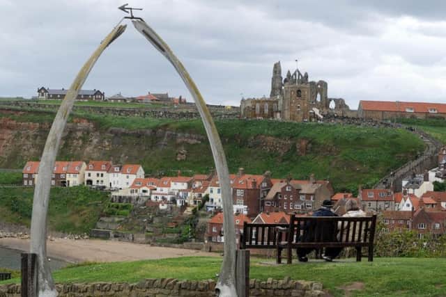 Whitbys famous whale jawbone arch on the West Cliff.
