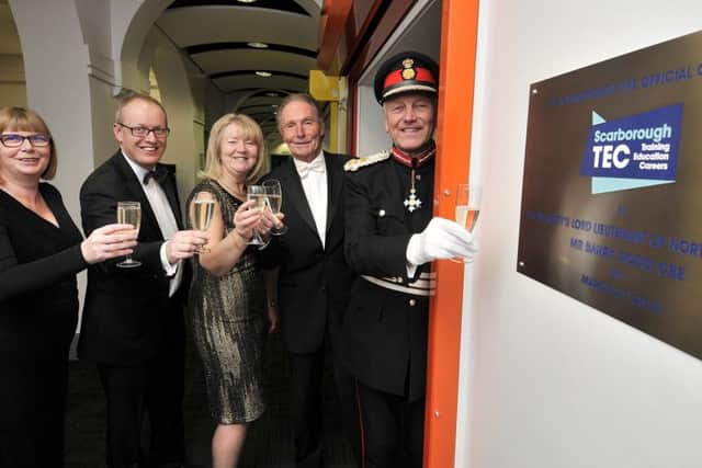 Scarborough Tec on Filey road hosts a special evening of food and drink prepared by top local chefs and Tec students.Lord Lieutenant Barry Dodd opens the Tec officially with a toast, with Ann Hardy ,Jonathan Lovelle,Gill Alton ,Peter Wilkinson and Barry . pic Richard Ponter 181117g