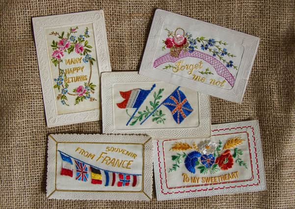 World War One silk postcards on display at Eden Camp Museum, Malton