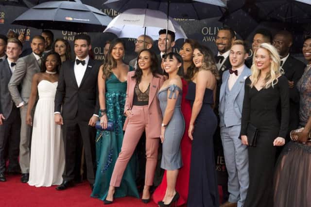 The cast of the musical Hamilton  arriving for The Olivier Awards at the Royal Albert Hall in London.