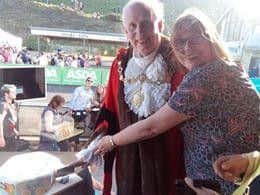 Mayor Martin Smith and Scarborough TEC principal Ann Hardy, with a cake made by students