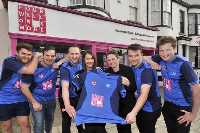 Scalby CC are presented with their new shirts by sponsors Four Walls Or More. From left, Ryan Labuschagne, Tash Turan, Daniel Gregory, Four Walls staff members Katie Smart and Leanne Griffin, with Rory Skelton and Tom Hendry. Picture by Richard Ponter (182001a)